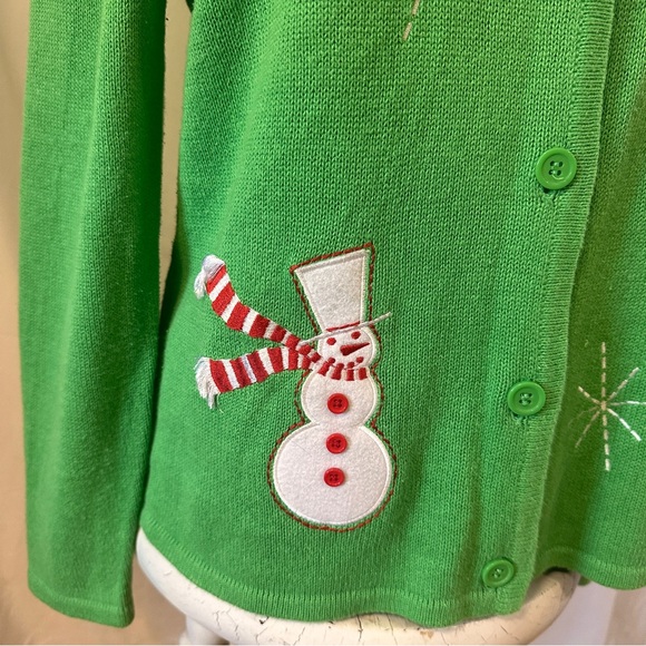 Crystal Kobe Christmas Cardigan Sweater Sm Green Felt Snowman Stitched - Picture 8 of 11